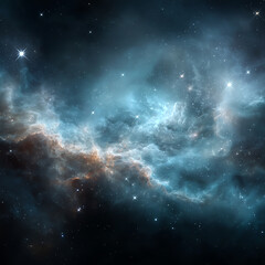 Naklejka premium A stunning cosmic nebula with swirling blue and brown clouds of gas and dust illuminated by bright stars scattered across the dark expanse of outer space