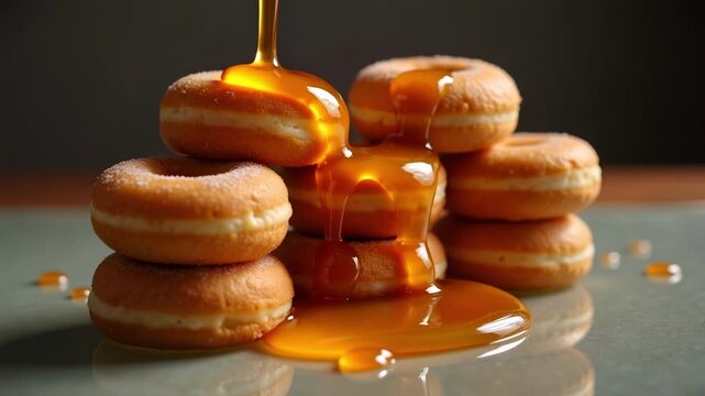 Golden syrup cascading over a tower of sweet sugary doughnuts, a moment of indulgence and deliciousness that tempts the taste buds and satisfies cravings