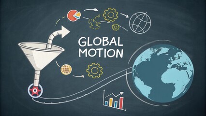 Global motion concept with funnel, gears, planet, data visualization, and interconnected elements showcasing data flow
