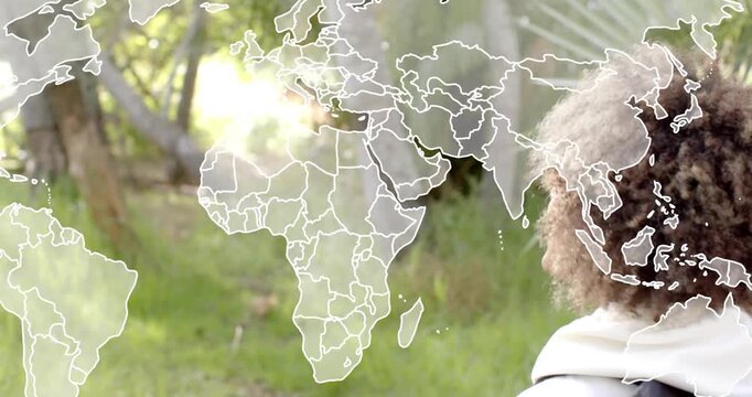 female traveler stepping into frame triggers animated world map fading in for travel theme