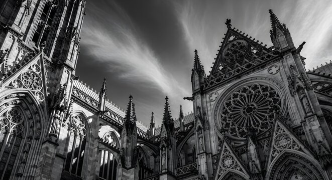 Dramatic Gothic Cathedral Architecture Majestic Flying Buttresses Pointed Arches Ornate Details Against Cloudy Sky
