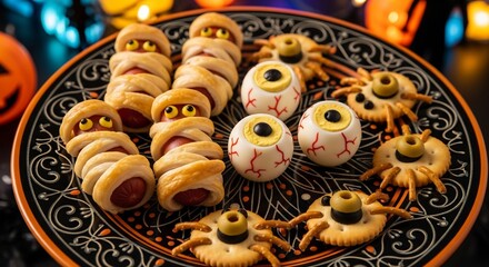 Fototapeta premium Halloween platter mummy dogs eyeball candies cracker spiders on blackorange patterned plate lit background