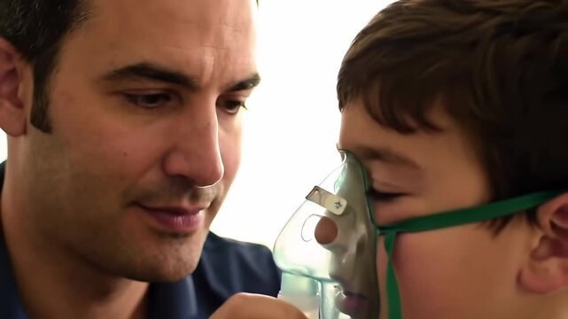 Close-up of a man assisting a child with a nasal mask