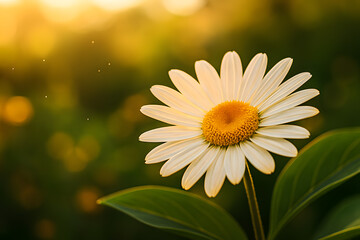 Close-up of White Daisy in Golden Hour Light with Blurred Green Garden Background