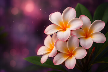 Close-up of Frangipani Flowers with Green Leaves and Soft Purple Pink Bokeh