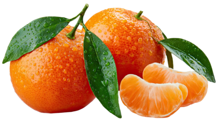 Fresh Mandarin Arrangement: Two vibrant tangerines, alongside juicy segments and verdant leaves, all glistening with droplets, arranged to showcase the pure freshness. 