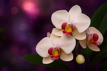 Close-up of White and Pink Orchid Flowers with Green Leaves and Soft Purple Pink Bokeh