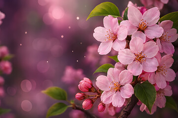 Close-up of Sakura Cherry Blossoms with Green Leaves and Soft Purple Pink Bokeh