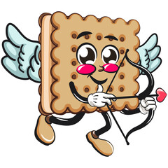 cute square biscuit sandwich mascot character vector illustration being cupid with angel wings and the arrow of love, work of hand drawn