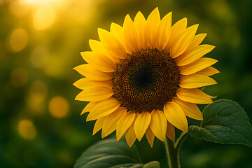 Close-up of Yellow Sunflower with Green Leaves and Soft Green Yellow Bokeh