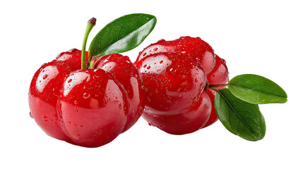 Vibrant Acerola Cherries: Captured in sharp detail, two juicy acerola cherries boast a bright red hue, accentuated by delicate water droplets and fresh green leaves, showcasing freshness and health.