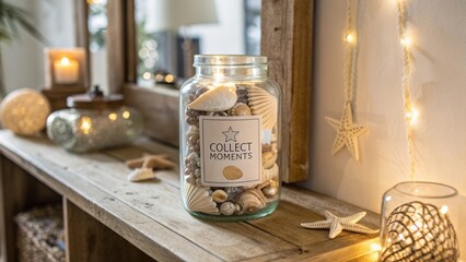 Decorative glass jar filled with seashells and coastal decor, creating a warm and inviting home atmosphere with soft lighting