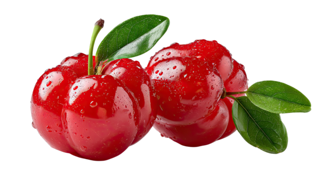 Vibrant Acerola Cherries: Captured in sharp detail, two juicy acerola cherries boast a bright red hue, accentuated by delicate water droplets and fresh green leaves, showcasing freshness and health.