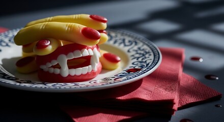 Halloween treat gummy fingers  fake teeth on ornate plate red napkin