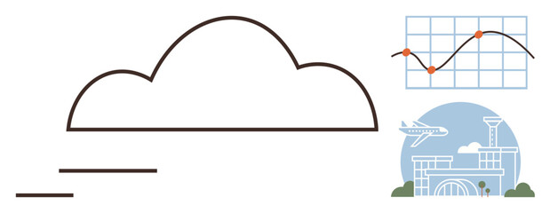 Cloud outline, flight, airport graphic, data chart showcasing aviation, travel analytics, technology interconnectivity. Ideal for transportation, travel, cloud computing data visualization digital