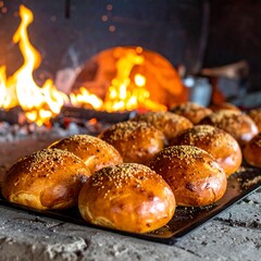 Freshly baked buns on a tray, near a wood-fired oven