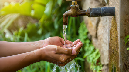 Sunlit Water Source: Hands Filling Up from an Old Tap on a Mossy Stone Wall