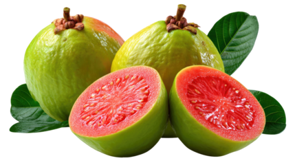 Vibrant Guava: A close-up view of the delicious guava fruit, showcasing the vivid green skin and the rich red flesh. The fruit is surrounded by its lush green leaves.