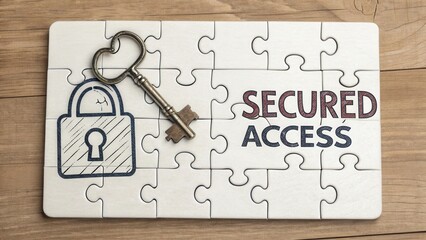 Wooden puzzle piece with key and lock illustration representing secured access and safety concepts in digital and physical security