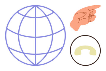 Globe representing worldwide reach, hand suggesting direction or action, and phone receiver symbolizing communication. Ideal for networking, business, outreach, connection, technology, teamwork
