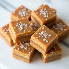 Stacked caramel squares, glistening with caramel sauce and sprinkled with sea salt, create a delectable visual treat.
