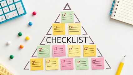 Colorful Sticky Notes Checklist arranged in a Pyramid Shape on Minimalist Workspace with Stationery Items and Decorative Elements