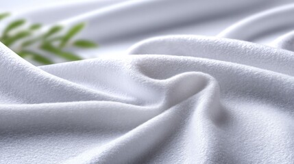 Elegant White Cotton Fabric with Minimal Clean Texture and Subtle Green Leaf Detail Highlighting Soft Draping and Smooth Surface