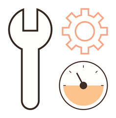 Wrench, gear, and speedometer symbolizing repair, system optimization, and performance monitoring. Ideal for concepts thumbs up maintenance, efficiency, engineering, technology service industry
