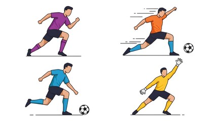 Dynamic Soccer Action: A striking illustration showcases a range of soccer plays with vibrant colors and dynamic movement, from sprints to goal-scoring kicks and a goalkeeper's dive.