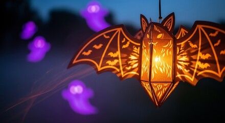 Lit bat lantern hangs with blurry purple ghosts eerie Halloween vibe