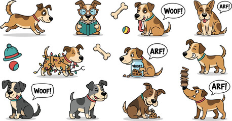 Various cartoon dogs in different poses with speech bubbles and accessories on a white background