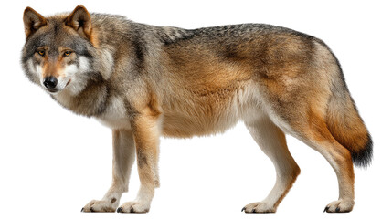 Fototapeta premium Majestic Wolf Standing Proud: A powerful and majestic wolf, captured in a striking studio shot, stands with an air of confidence, its fur radiating natural beauty.