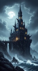 A dark, gothic castle perched atop a craggy cliff, bathed in the soft glow of moonlight, stands imposingly against a stormy sea.