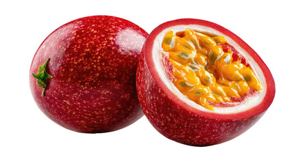 Fototapeta premium Vibrant Passion Fruit: A photorealistic shot captures a ripe, ruby-red passion fruit, perfectly halved to reveal its juicy, golden interior.