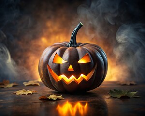 Spooky jack o lantern halloween pumpkin with glowing eyes and fiery background