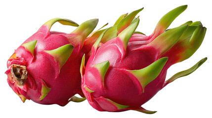 Exotic Dragon Fruit Duo: A vibrant pairing of two dragon fruits, showcasing their striking pink skin and unique green scales, a symbol of tropical allure and culinary delight.