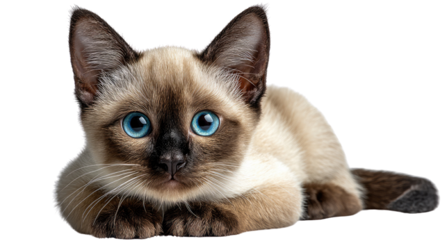 Siamese kitten with captivating blue eyes: a precious Siamese kitten, with beautiful blue eyes, rests serenely, capturing an adorable view of feline charm and cuteness. 