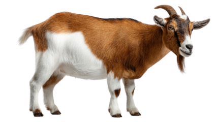 Goat: A striking goat, with a distinctive coat of brown and white, confidently poses in a studio setting. showcasing the animal's unique presence and rustic charm.