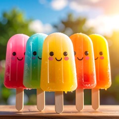 Colorful popsicles with happy faces on a sunny day