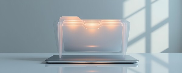 Minimalist Digital Workspace with Reflective Abstract Storage