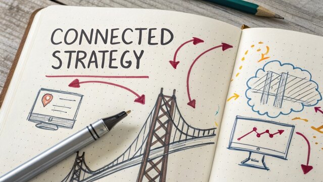 Creative illustration of a connected strategy concept featuring sketches of a bridge, computer, and charts in a notebook