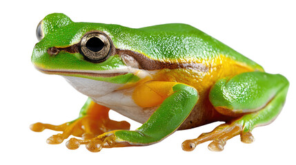 Obraz premium Green Tree Frog Portrait: A vibrant, emerald green tree frog with striking features sits in a natural pose, its skin glistening, ready to leap into a vibrant and captivating display of nature.