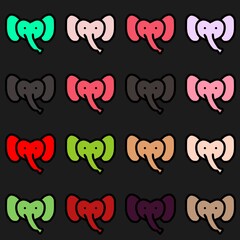 Pop art style cartoon elephant heads in multiple colors arranged in a grid on dark background. Hand drawn doodle elephant face pattern with kawaii design. Seamless pattern with cute elephant face.
