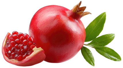 Pomegranate Delights: A vibrant studio shot capturing the luscious allure of a whole pomegranate alongside a tempting wedge, showcasing its glistening seeds and vivid hues. 