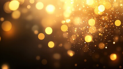 Golden bokeh lights and glitter particles on a dark background, creating a magical and festive atmosphere for celebrations and special occasions