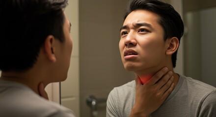 Worried young man checking for sore throat infection in bathroom mirror at home
