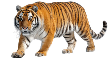 Obraz premium Majestic Tiger: A striking tiger, a symbol of power and grace, confidently strides forward. The intricate patterns of its fur and its intense gaze command attention.