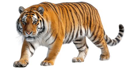 Majestic Tiger: A striking tiger, a symbol of power and grace, confidently strides forward. The intricate patterns of its fur and its intense gaze command attention.