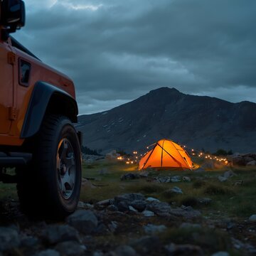 Adventure camping scene with glowing orange tent illuminated at dusk near mountain range, off road vehicle parked in foreground with string lights creating cozy travel atmosphere backdrop wallpaper