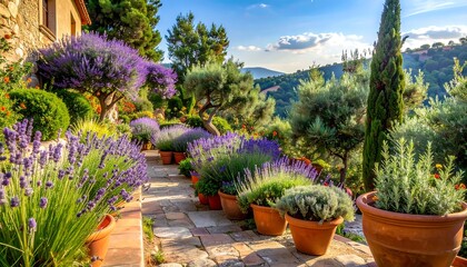 Sun-drenched garden path lined with lavender and herbs, overlooking hills